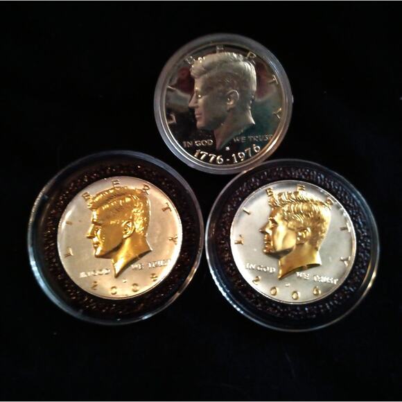 2 24k and .999 Silver plated Clad Cameo & 1 40% silver Cameo Kennedy Dollar Half - Picture 1 of 4